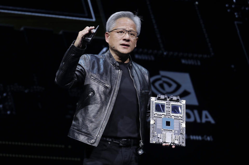 FILE - Nvidia Corporation President and CEO Jensen Huang delivers a speech during the Computex 2024 exhibition in Taipei, Taiwan, June 2, 2024. A rebound for Nvidia on Tuesday, June 25, 2024 is helping to keep US indices close to their records on Tuesday. (AP Photo/Chiang Ying-ying)